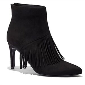 NY&CO Women's Faux Suede Black Fringe Bootie 11 Goth Biker Festival Y2K Cowgirl‎